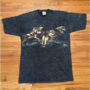 Vtg Habitat Wolves Scene T-Shirt Mens Large Blue Tie Dye Nature River0